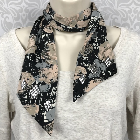 Accessories - Tan Gray Patterned Skinny Scarf Neck Tie w Bead